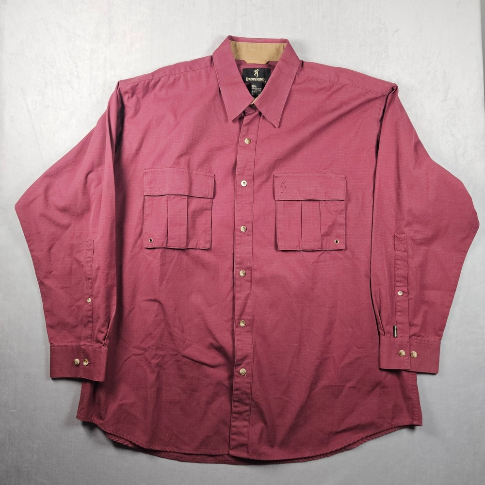 Browning Shirt Mens 2XL Red Ripstop Heavyweight Button Up Pockets Hunting
